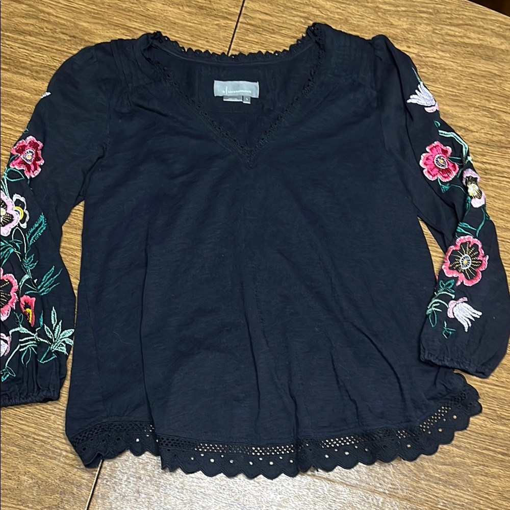Anthropologie Navy Lace Trim Top with embroidery